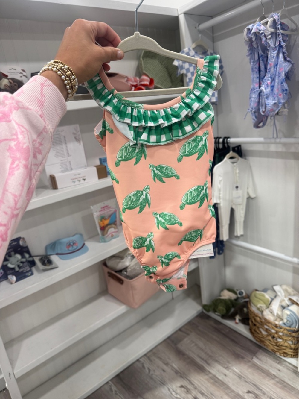 Girls' Pink Turtle Print One-Piece Swimsuit with Green Gingham Ruffle